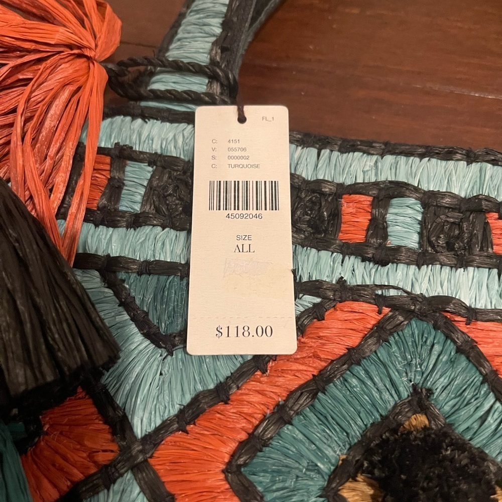 NWT ANTHROPOLOGIE Colorful Geometric Tote Bag with raffia embellishments - Picture 4 of 6
